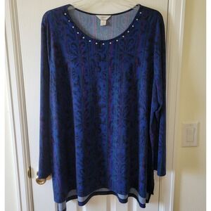 CJ Banks Tunic Top 3X Blue Floral Stripe Longsleeve Stretch Embellished